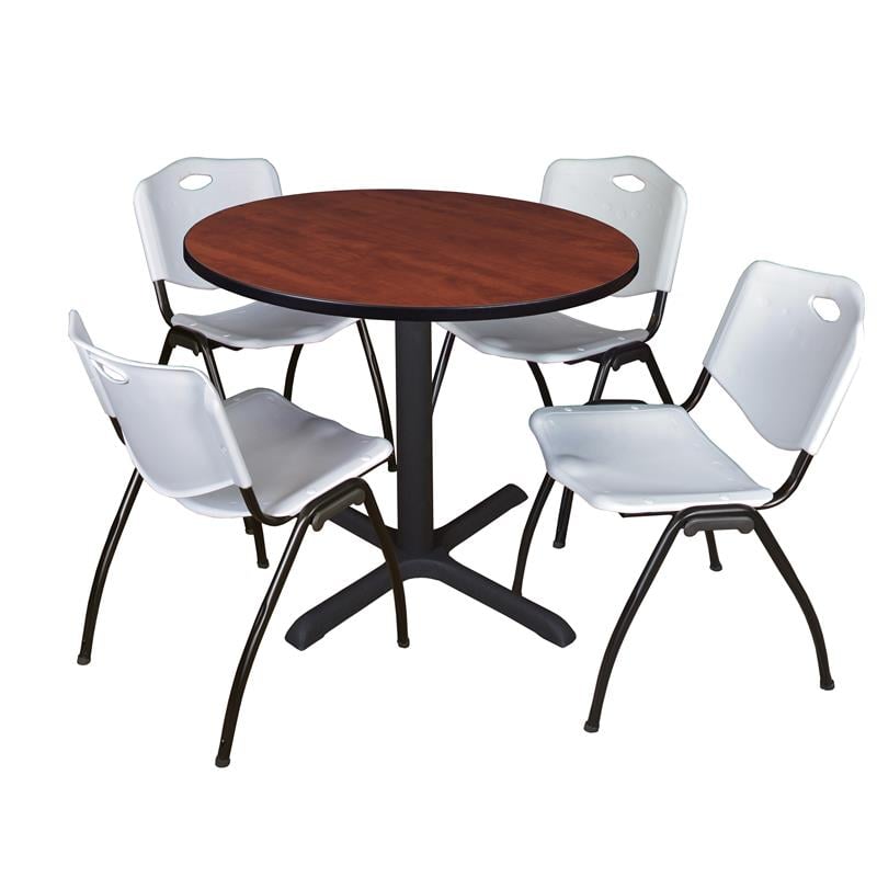 Regency Round Lunchroom Table and 4 Grey M Stack Chairs in Cherry