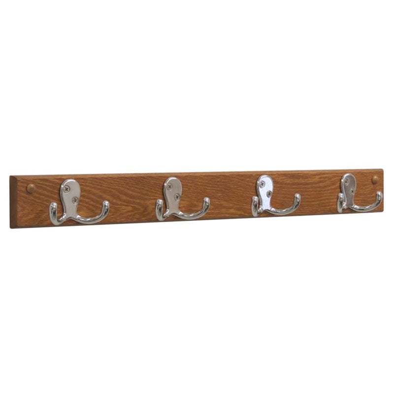 Wooden Mallet 4 Hook Wall Coat Rack Rail in Medium Oak and Nickel