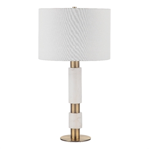Pirot 27&quot Tall Antique Brushed Brass Iron & Marble Table Lamp with Tapered Linen Shade White