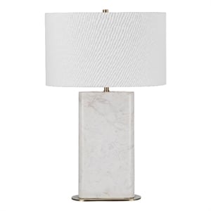Irisa 27&quot Tall Plated Antique Brushed Brass Marble Table Lamp with Drum Linen Shade White