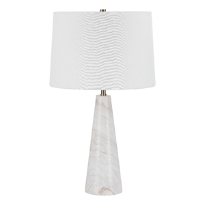 Vevey 25&quot Tall Plated Antique Brushed Brass Marble Table Lamp with Tapered Linen Shade White