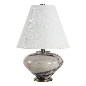 Monumento 15.75&quot Tall Grey Bolgi Marble Table Lamp with Tapered Linen Shade