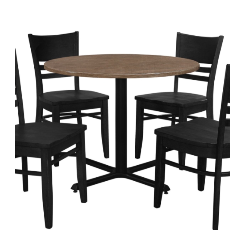 Correll English Walnut Wood Cafe Bistro Table with 4 Black Ladder Back Chairs