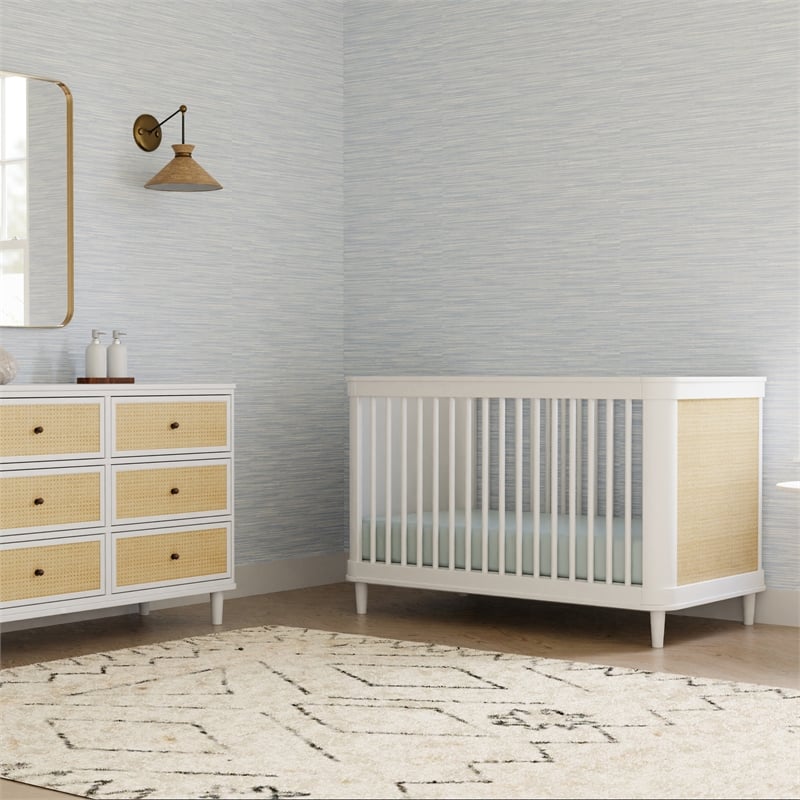 Namesake Marin with Cane 3-in-1 Convertible Crib in Warm White and Honey Cane