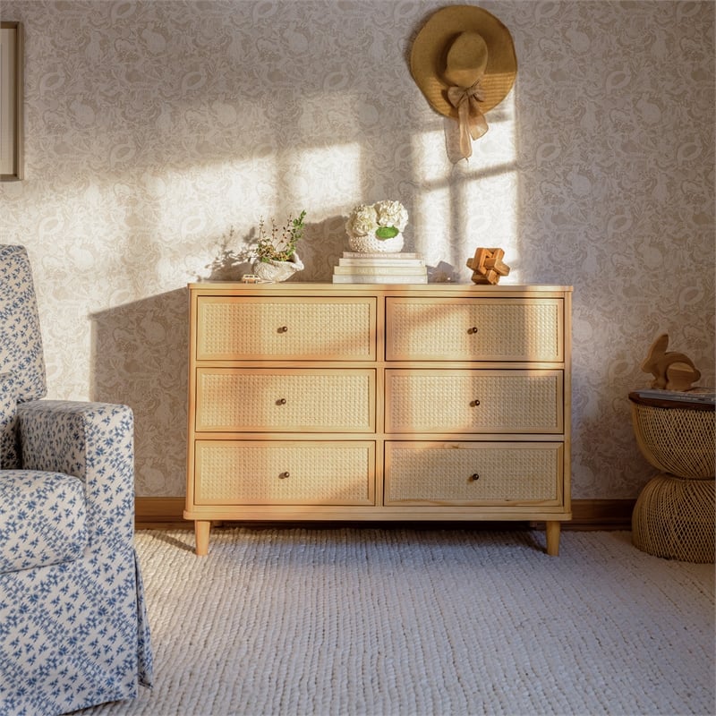 Namesake Marin with Cane 6 Drawer Assembled Dresser in Honey and Honey Cane