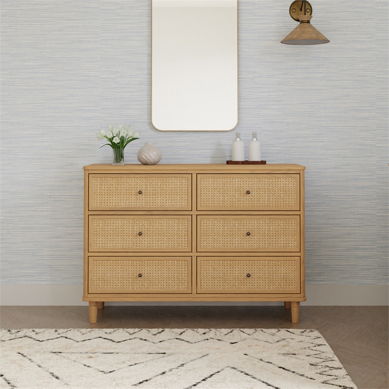 Namesake Marin with Cane 6 Drawer Assembled Dresser in Honey and Honey Cane