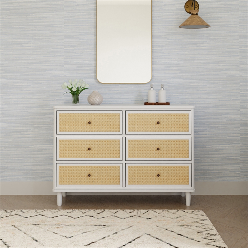 Namesake Marin with Cane 6 Drawer Assembled Dresser in Warm White and Honey Cane
