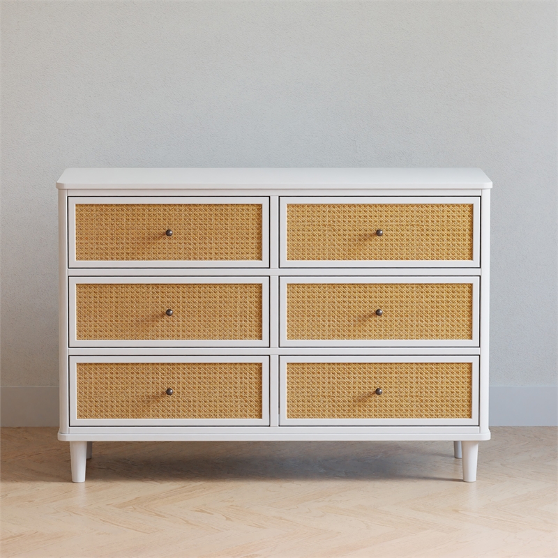 Namesake Marin with Cane 6 Drawer Assembled Dresser in Warm White and Honey Cane