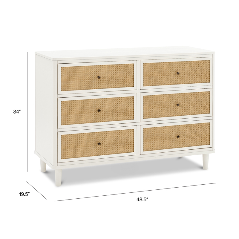 Namesake Marin with Cane 6 Drawer Assembled Dresser in Warm White and Honey Cane