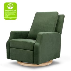 namesake crewe recliner and swivel glider in forest green velvet w/wood base