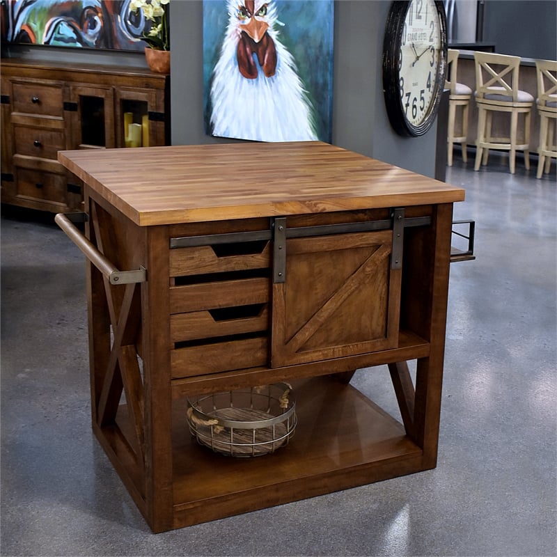 Yosemite Home Decor Wood Kitchen Island with Butcher Block Top in Brown