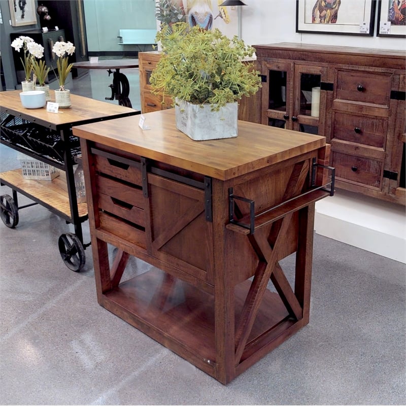 Yosemite Home Decor Wood Kitchen Island with Butcher Block Top in Brown
