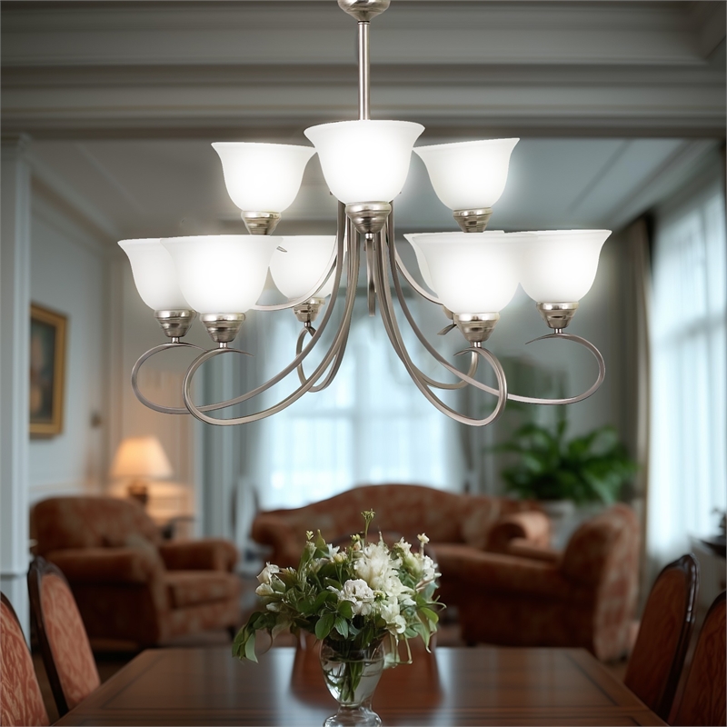Yosemite Home Decor Ribbon Falls 9-Light Glass Chandelier in Nickel/White