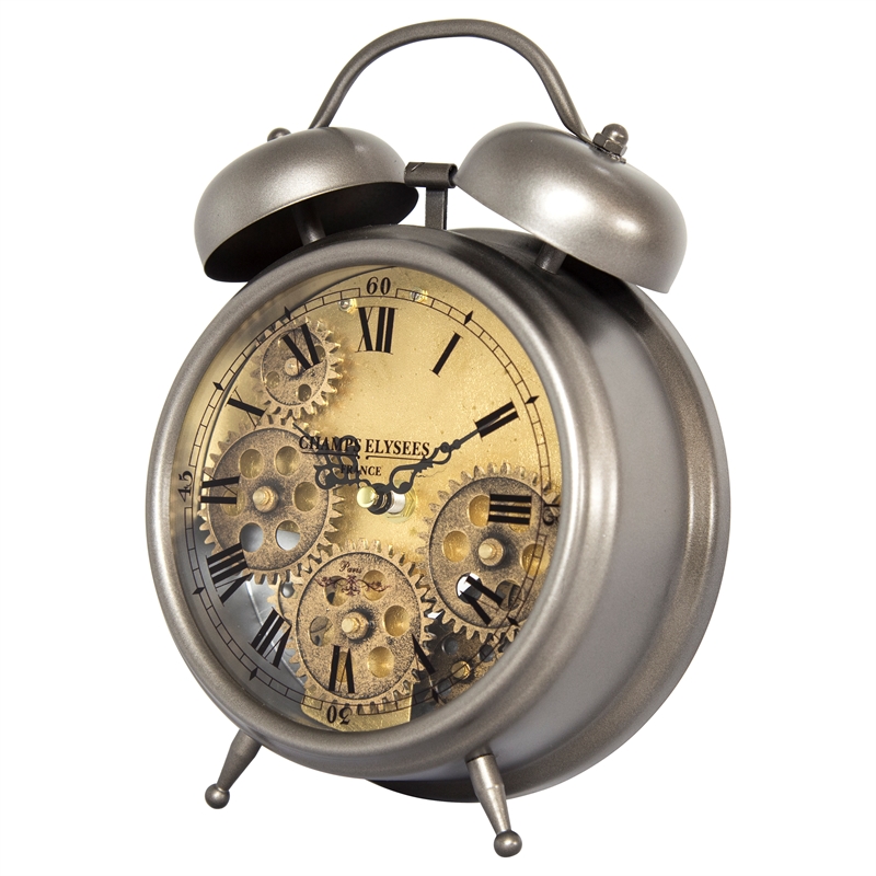 Yosemite Home Decor Modern Metal Gear Table Top Clock in Gunpowder Silver/Brass