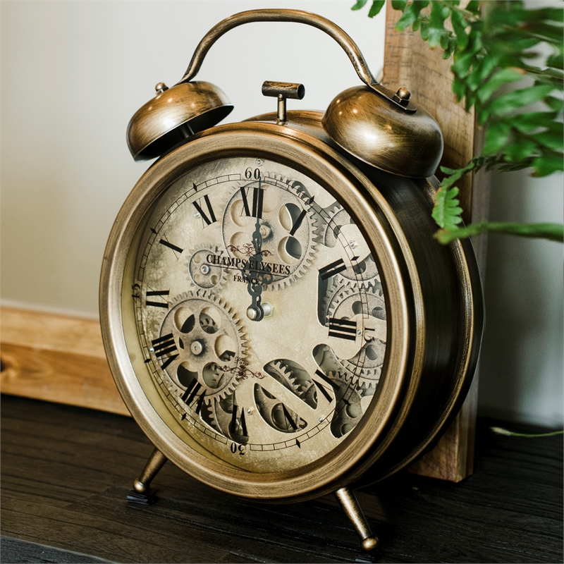 Yosemite Home Decor Modern Metal Gear Table Top Clock in Gold Brass