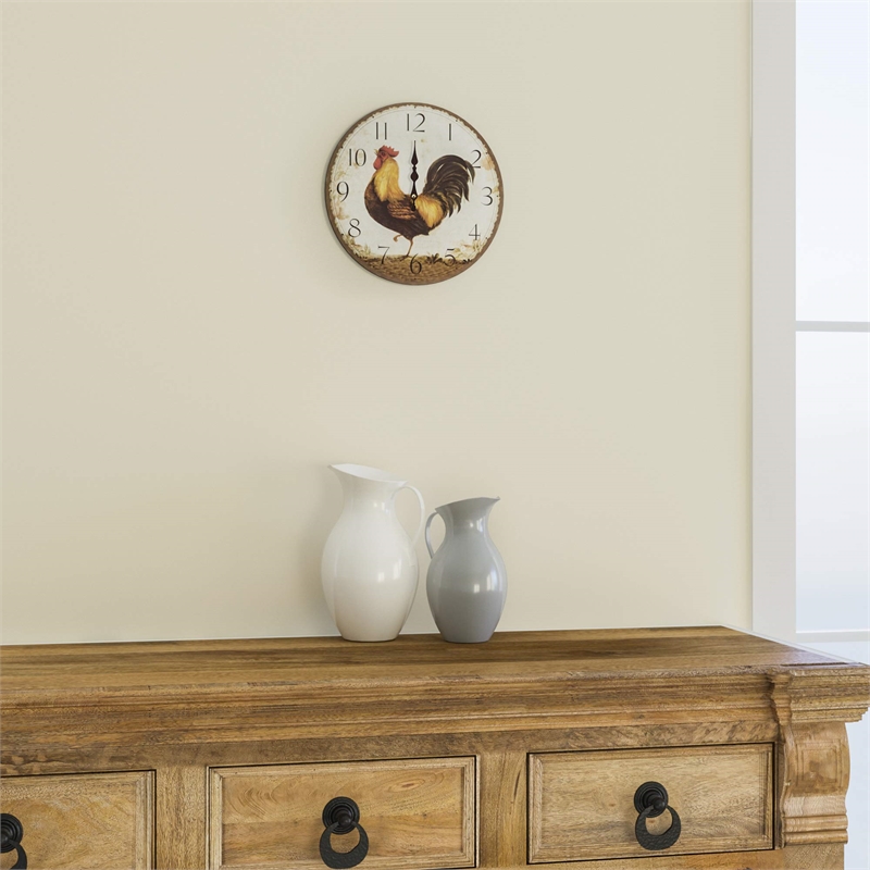 Yosemite Circular Wooden Skip Movement Wall Clock with Rooster Print