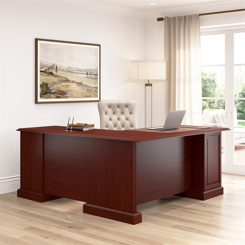 Arlington L Shaped Desk with Drawers and Keyboard Tray in Harvest Cherry