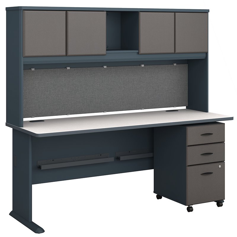 Bush Business Furniture Series A 72"W Desk with Hutch and Mobile File in Slate White