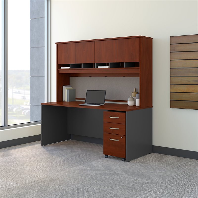 Series C 72W x 30D Desk with Hutch and Mobile File Cabinet in Hansen Cherry