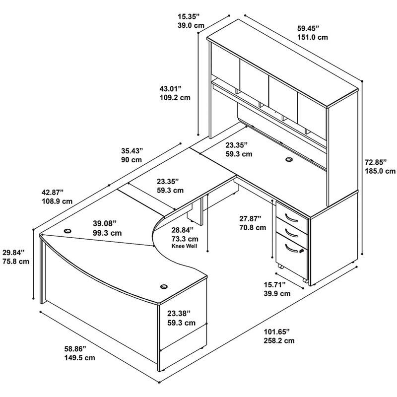Series C Right Hand Bow Front U Shaped Computer Desk with Hutch in Mocha Cherry
