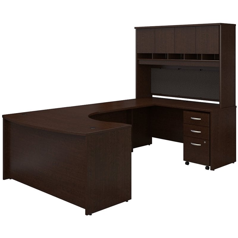Series C Right Hand Bow Front U Shaped Computer Desk with Hutch in Mocha Cherry