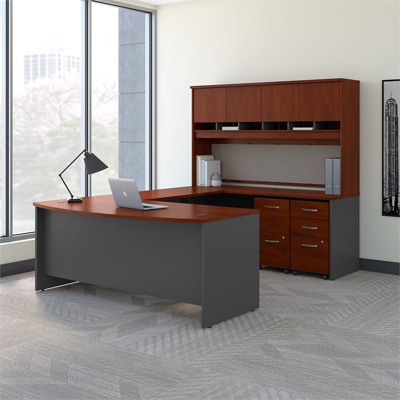 Series C 72"W Bow Front UShaped Desk with Hutch and Storage in Hansen Cherry