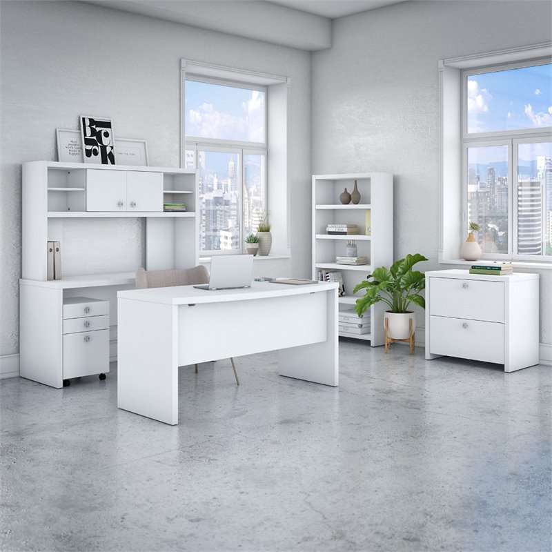 Echo Bow Front Desk and Credenza Office Set in Pure White - Engineered Wood