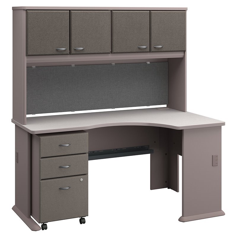 Series A Right Corner Desk With Hutch And File Cabinet In Pewter