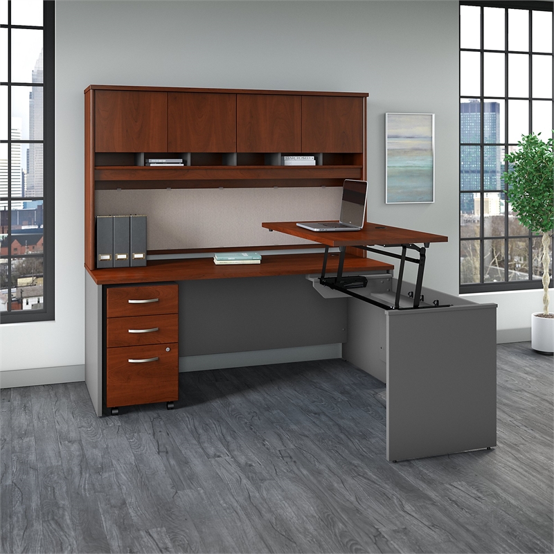 Series C 72W Sit to Stand L Shaped Desk Office Suite in Hansen Cherry ...