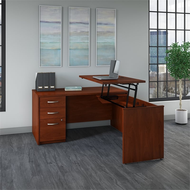 Series C Elite 60W Sit to Stand L Shaped Desk Office Set-Hansen Cherry ...