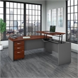 Series C Bow Front Sit to Stand L Shaped Desk Office Set in Hansen Cherry
