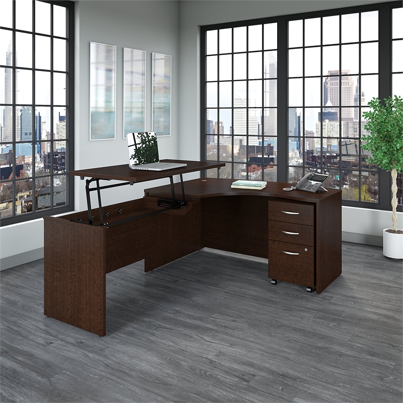 Series C 60W Left Sit to Stand L Shaped Desk Office Set-Mocha Cherry