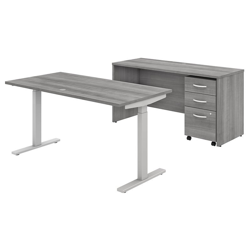 Studio C 60W Adjustable Desk with Credenza and Storage in Gray - Engineered Wood