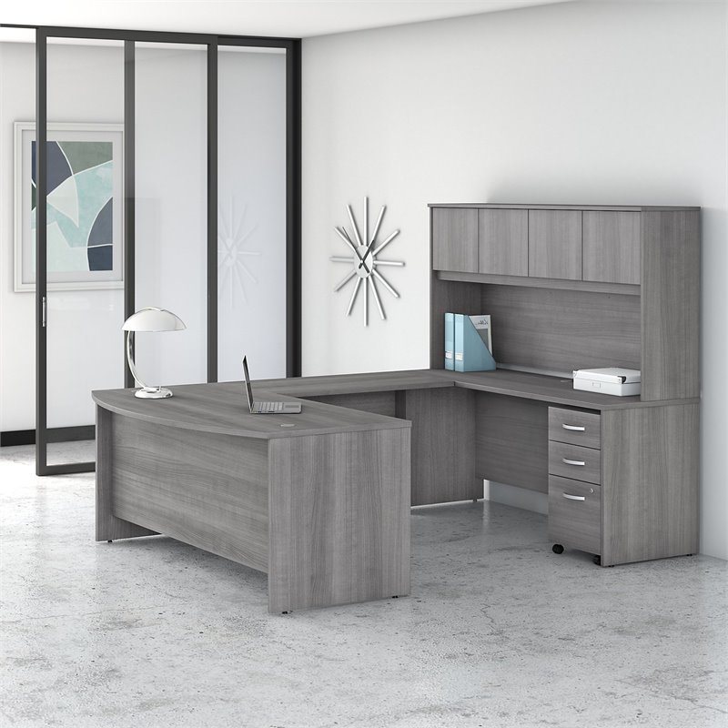 Studio C 72W U Shaped Desk with Hutch and File Cabinet in Gray - Engineered Wood