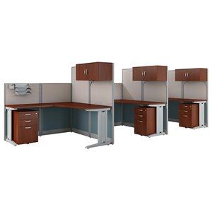 office in an hour 3 person l shaped cubicle in hansen cherry - engineered wood