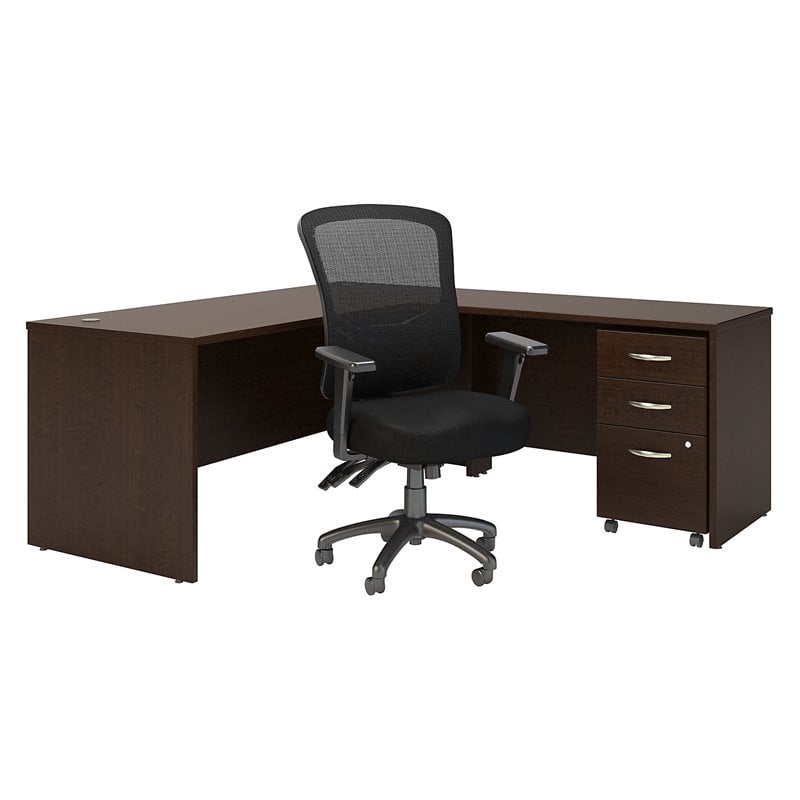 BBF Series C Engineered Wood L-Desk with Drawers in Mocha Cherry