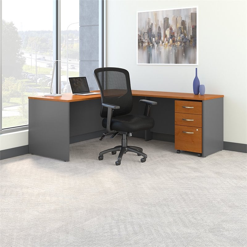 BBF Series C Engineered Wood L-Desk with Drawers in Natural Cherry