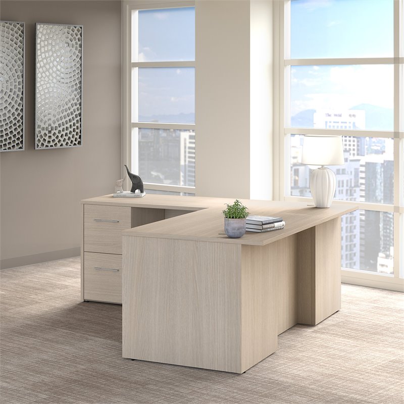 Office 500 72W L Shaped Desk with Drawers in Sand Oak Engineered Wood