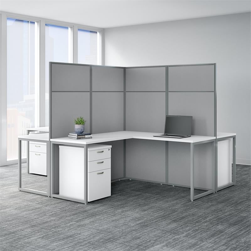Easy Office 60W 4 Person L Desk Set with 66H Panels in White - Engineered Wood