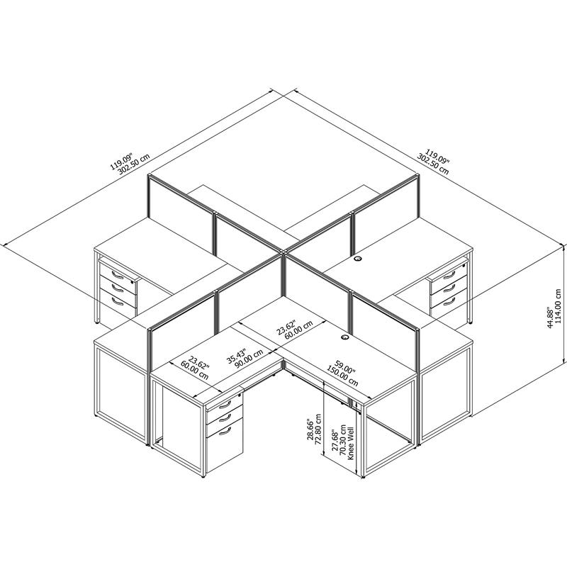 Easy Office 4 Person L Desk with Drawers & 45H Panels in White - Engineered Wood