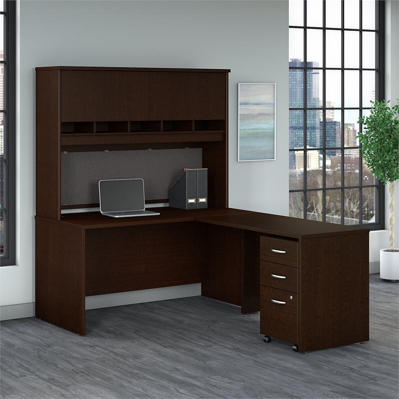 Series C 60W L Desk with Hutch and Drawers in Mocha Cherry - Engineered ...