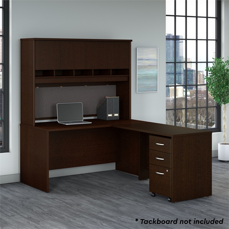 Series C 60W L Desk with Hutch and Drawers in Mocha Cherry - Engineered Wood