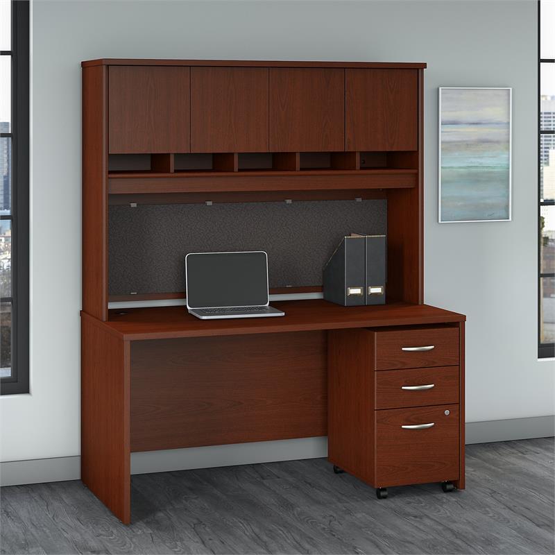 Series C 60W Desk with Hutch and Drawers in Mahogany - Engineered Wood ...