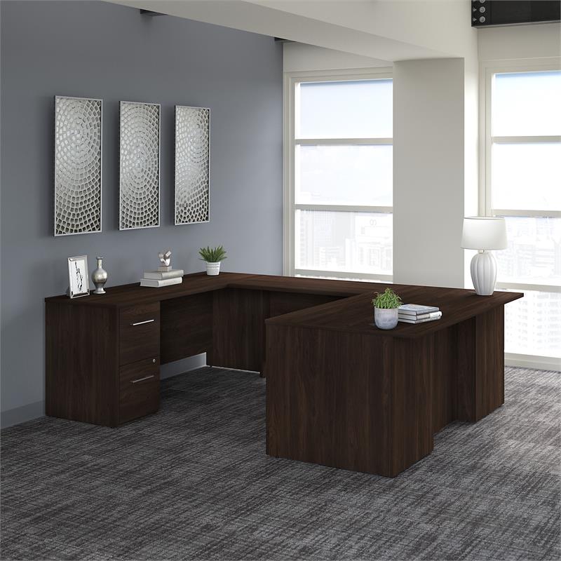 Office 500 72W U Shaped Desk with Drawers in Black Walnut - Engineered Wood