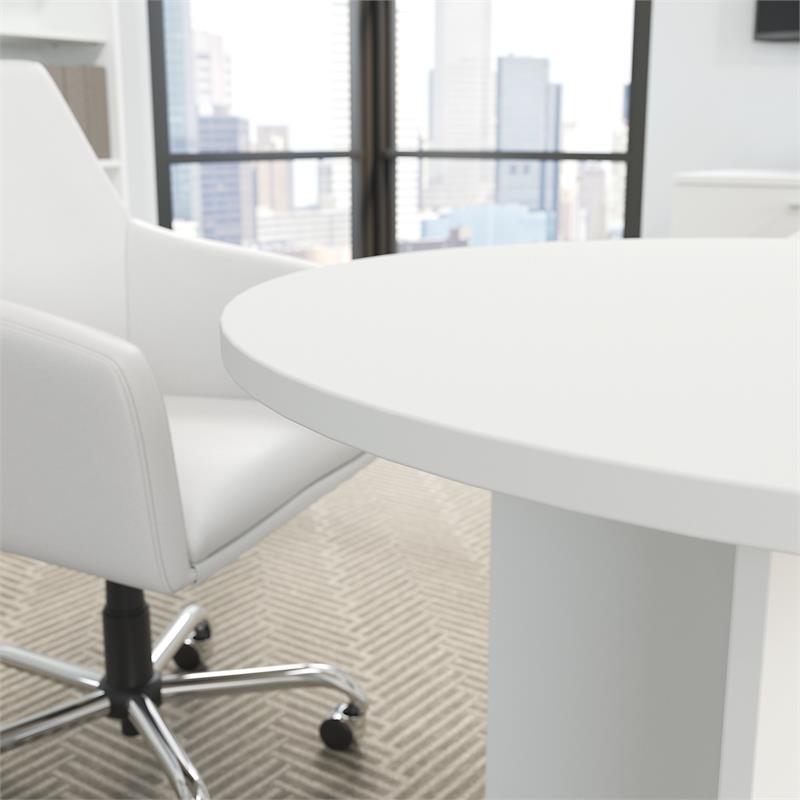 42W Round Conference Table with Wood Base in White - Engineered Wood