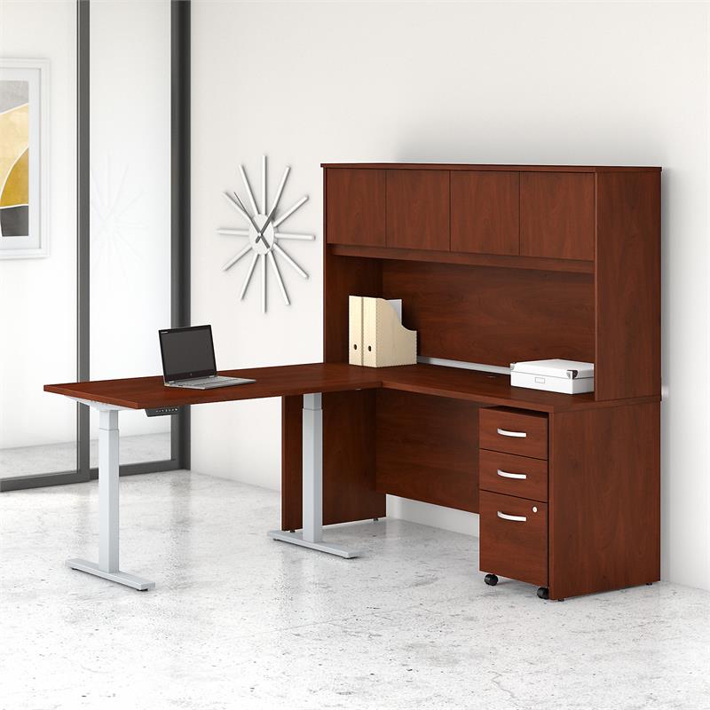 Studio C 72W Height Adjustable L Desk Set in Hansen Cherry Engineered