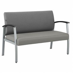arrive waiting room loveseat in gray fabric and bonded leather