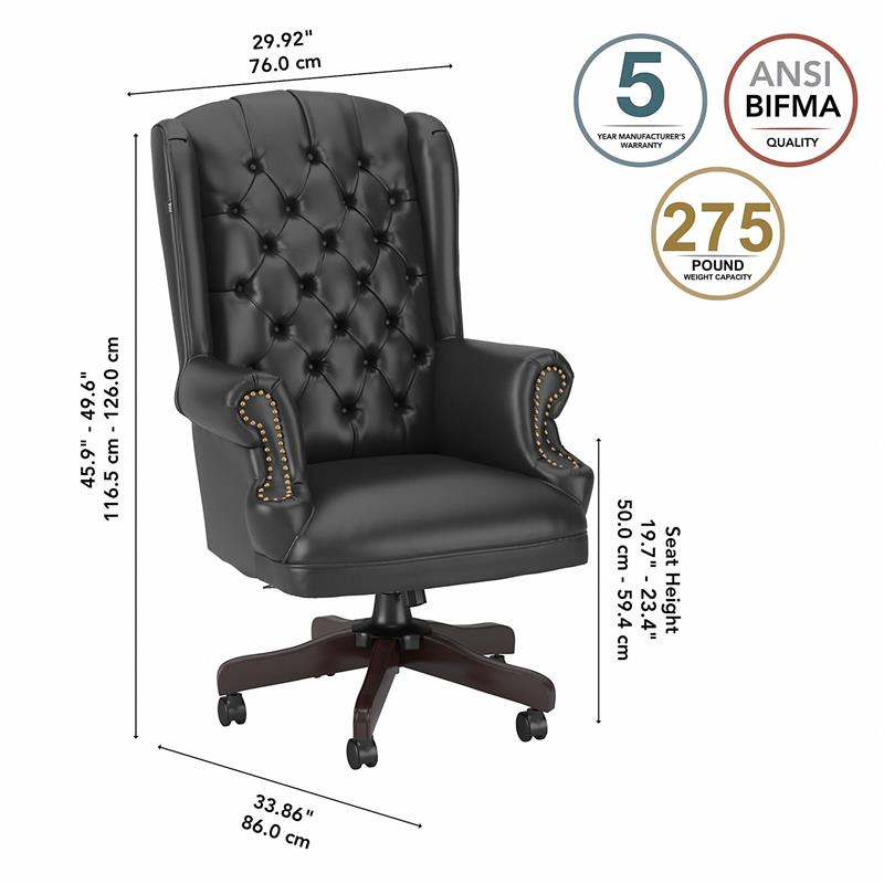 Yorkshire Leather Executive Office Chair with Nailhead Trim in Black