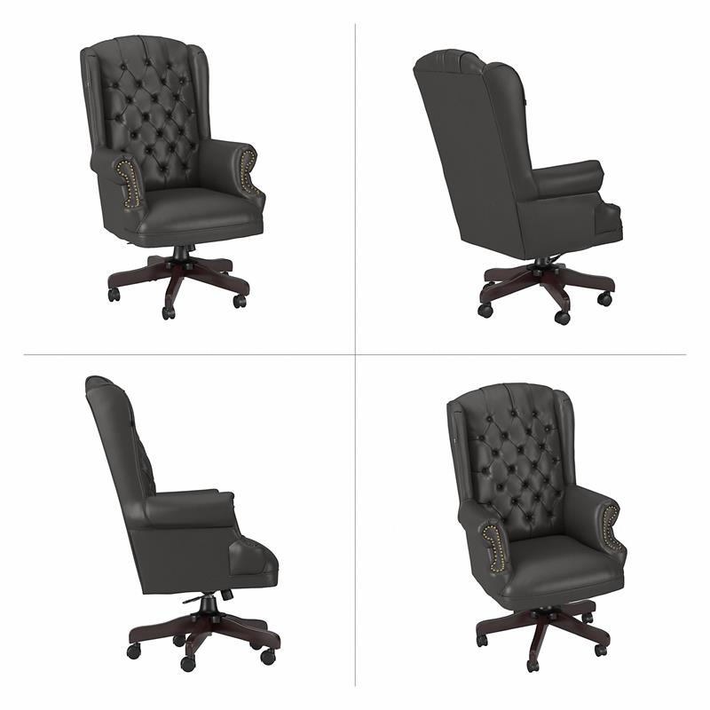 Black Leather Bush Business Furniture Yorkshire Wingback Executive Office Chair with Nailhead Trim 