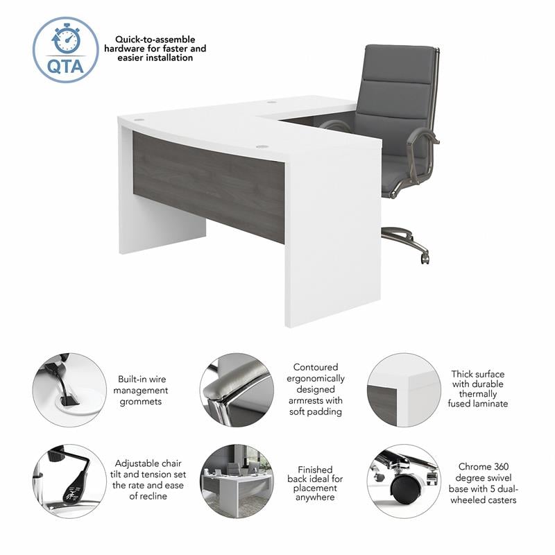 Echo L Shaped Bow Front Desk with Chair in White & Gray - Engineered Wood